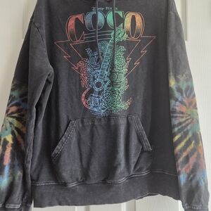 Black Hoodie with Colorful Graphic and Tie-Dye Sleeves